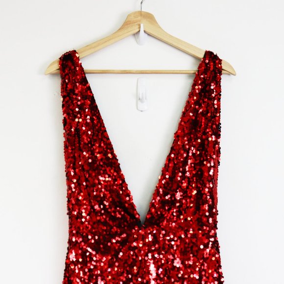 NBD Maeve Sequin Plunging Neck Maxi Slit Gown Red - Picture 5 of 8